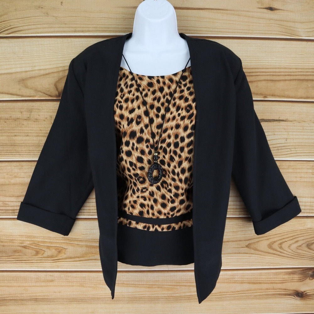 Kathie Lee Blazer Jacket Built-In Blouse & Necklace Womens 12 Black Animal Print